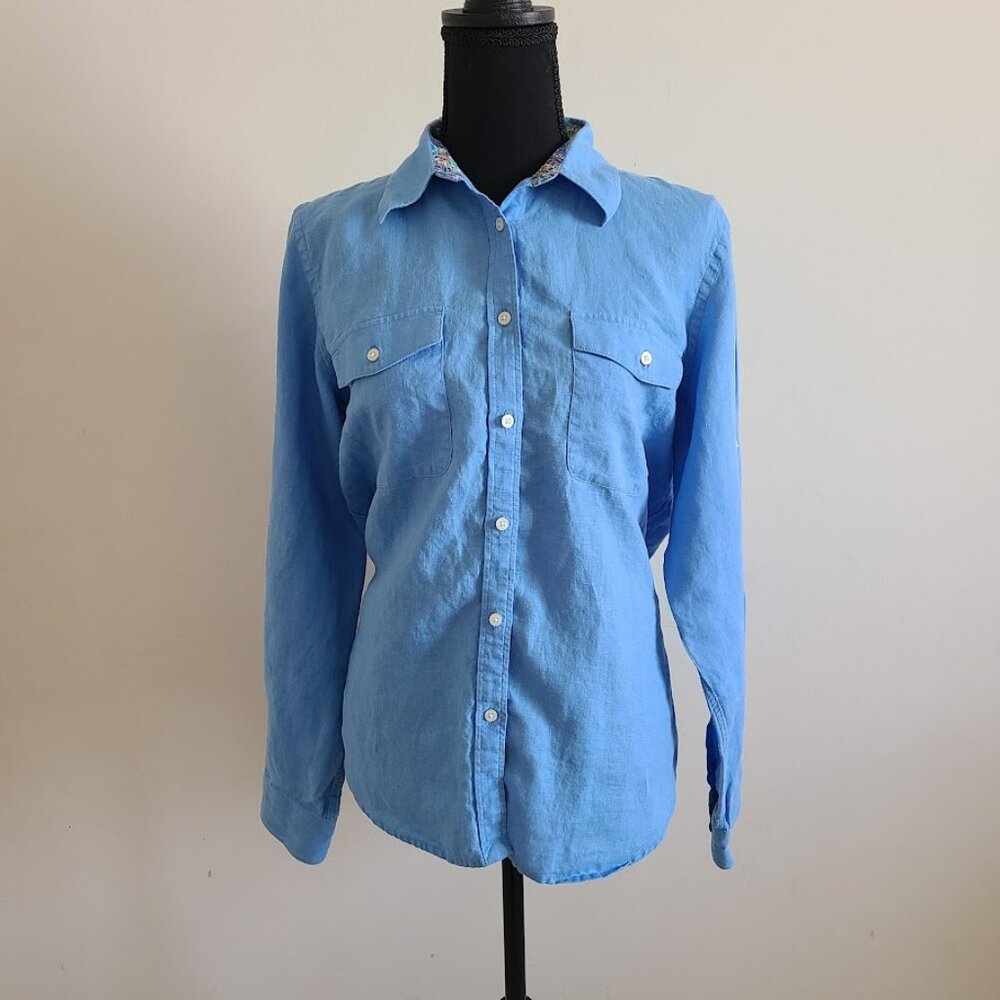 Lauren Ralph Lauren Linen Button Down Shirt Blue Paisley Trim Women’s L